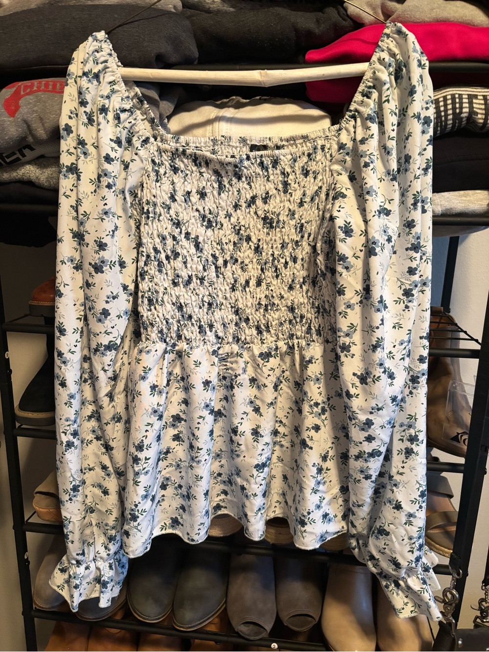 SHEIN White Top with Blue Floral Smocked Bodice